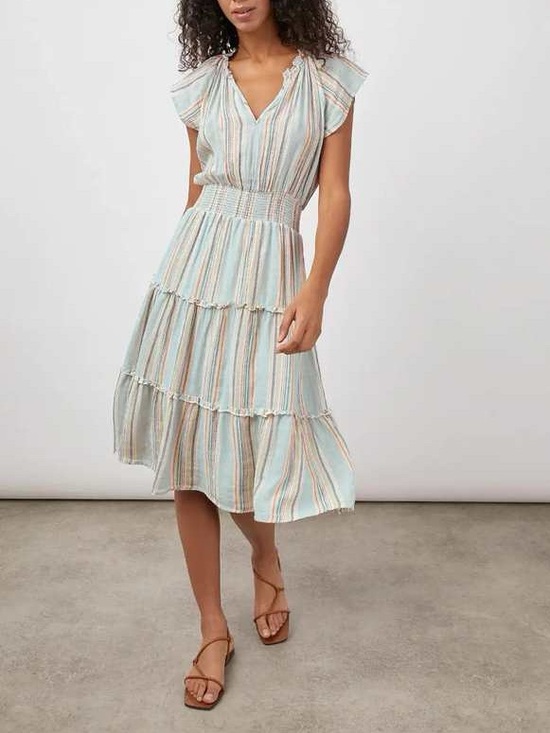 Rails Dresses & Skirts - Rails Amelia Smocked Tiered Empire Midi Dress Large Sag Harbour Linen Stripe